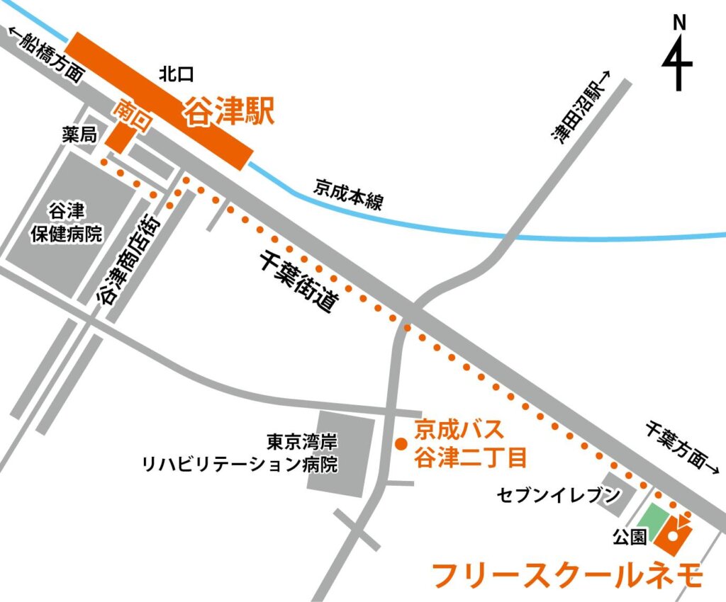 フリースクールネモ谷津への地図